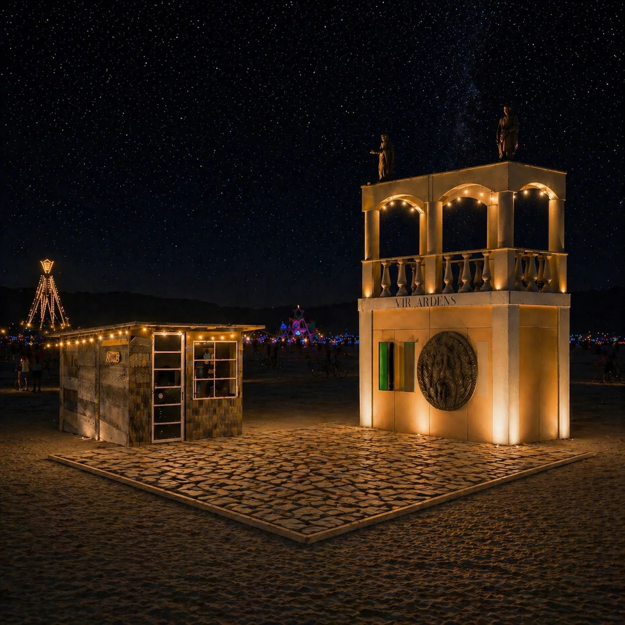 Front view 3D rendering of Dusty Corner of the Capital at night.